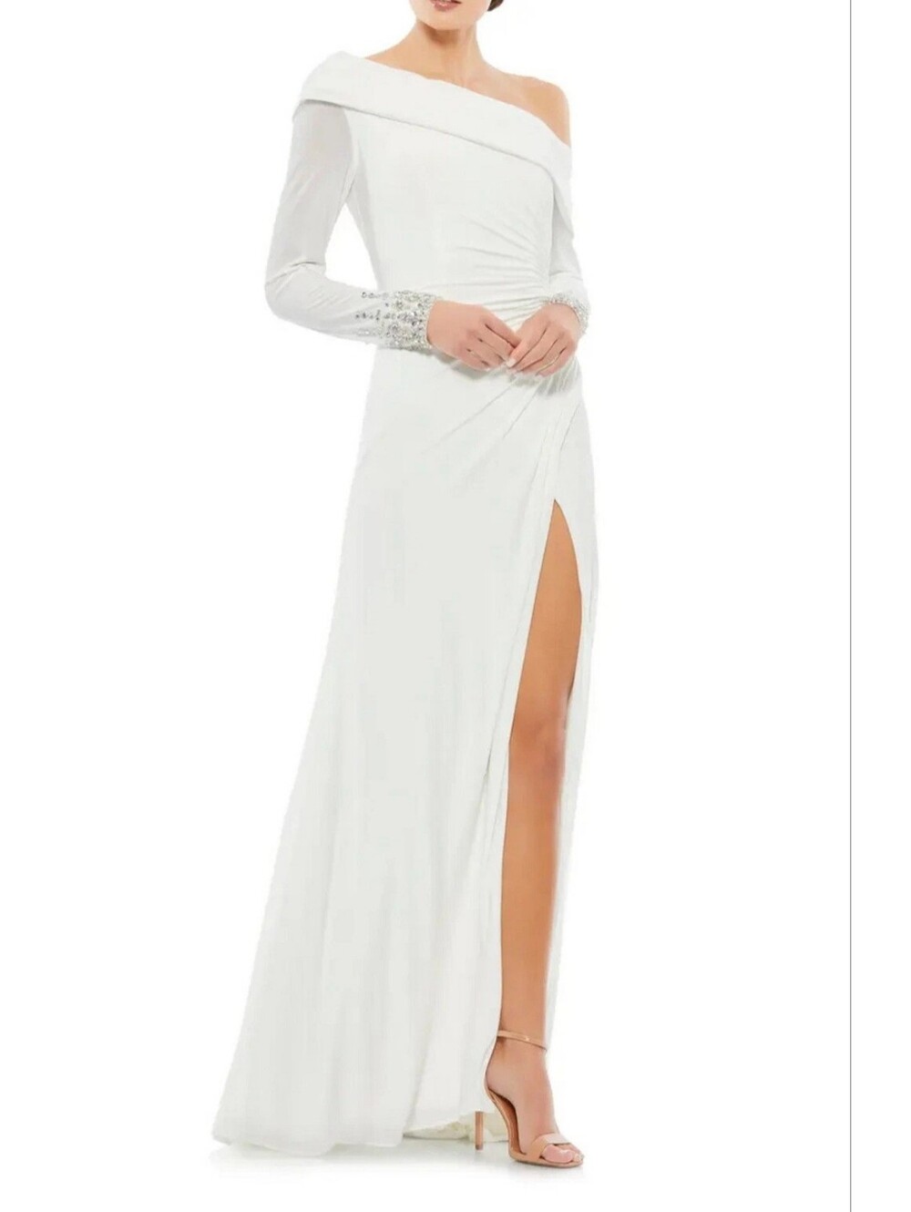 Mac Duggal 26485 Off-Shoulder White Evening Gown with Embellished Cuffs Sz 2